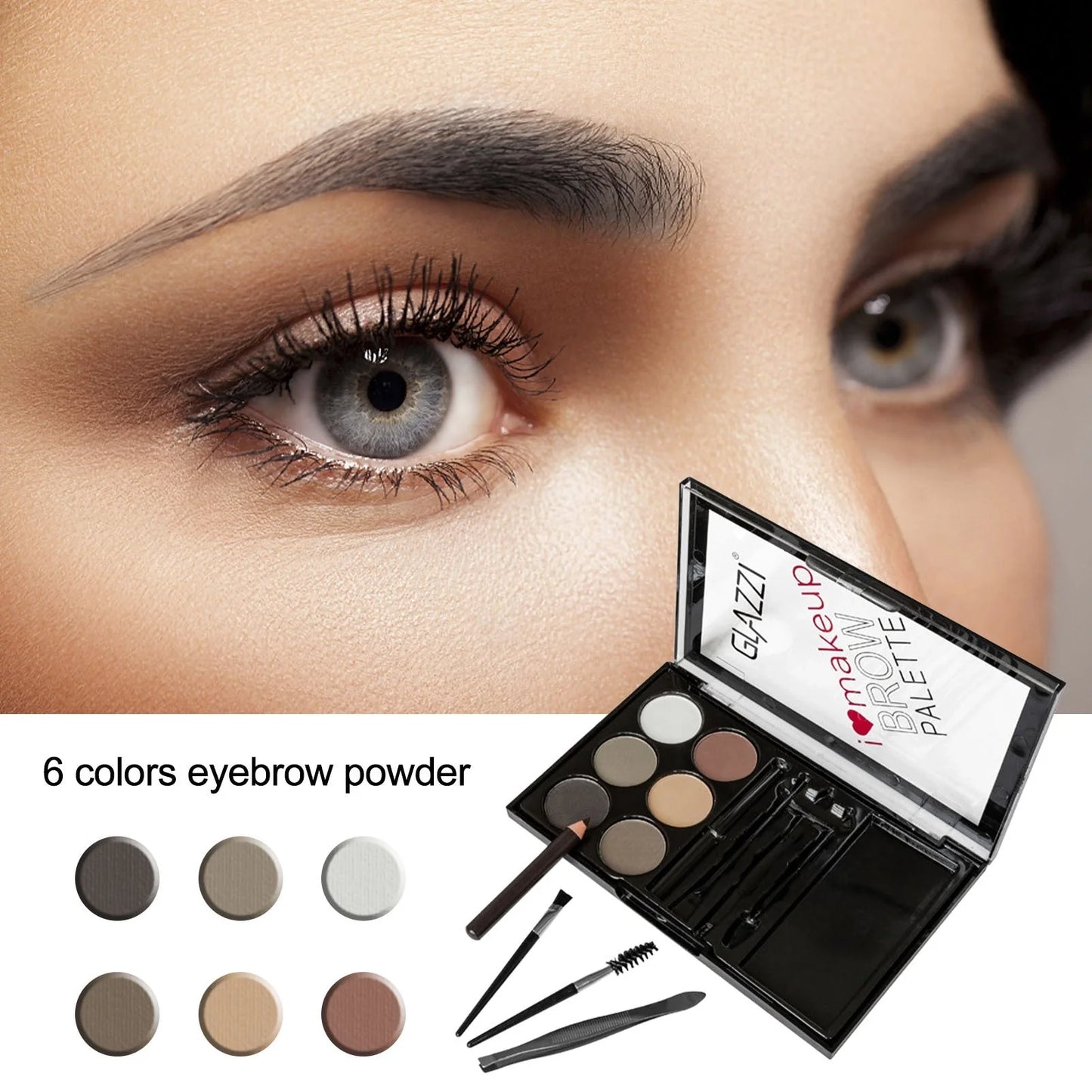 GLAZZI eyebrow palette with six shades, stencils, and brushes for perfect eyebrows