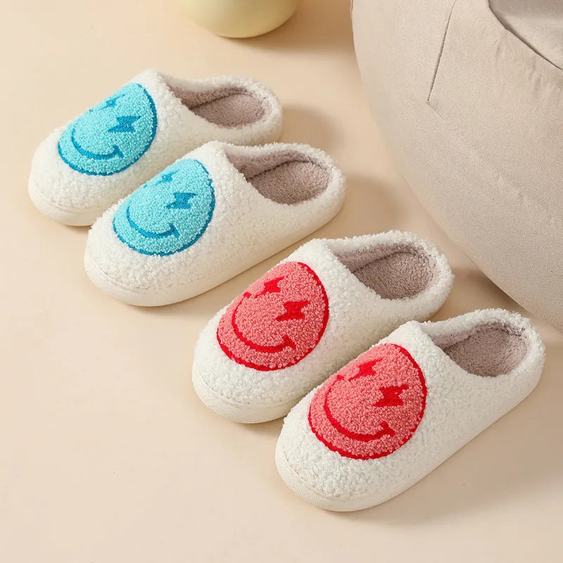 Women's plush home slippers with cartoon love design, round toe, and non-slip PVC sole