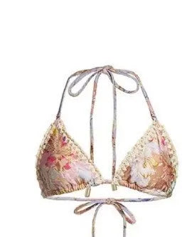 Women's creamy-white floral bikini suit with skirt for beach swimming