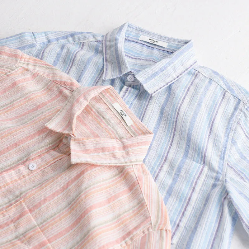 Summer menswear striped minimalist short sleeve shirt in light blue stripe, loose fit cotton blend linen