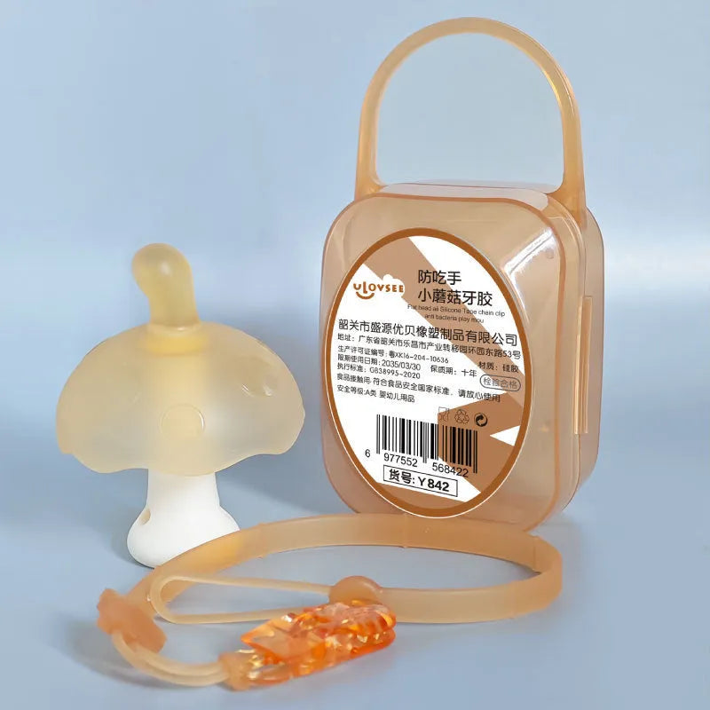 Small mushroom-shaped latex chewing gum in pink or nano colour with transparent box and chain.