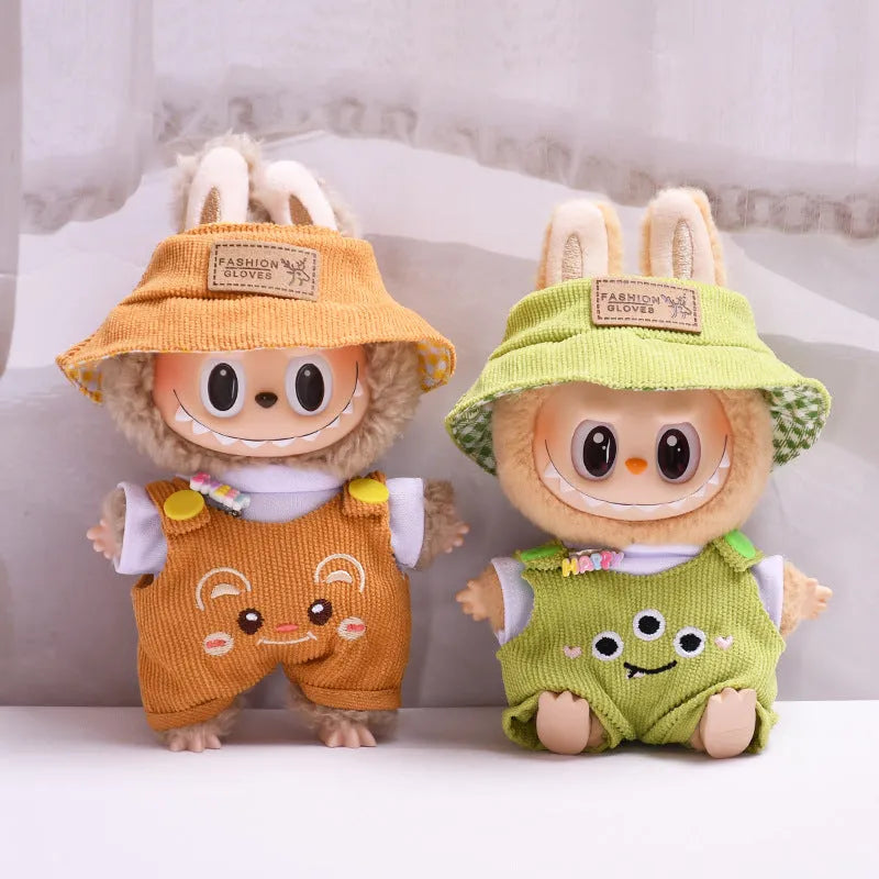 Three-piece doll clothes set with cartoon suspender pants and hat for pendant dolls in matcha colour, cloth material
