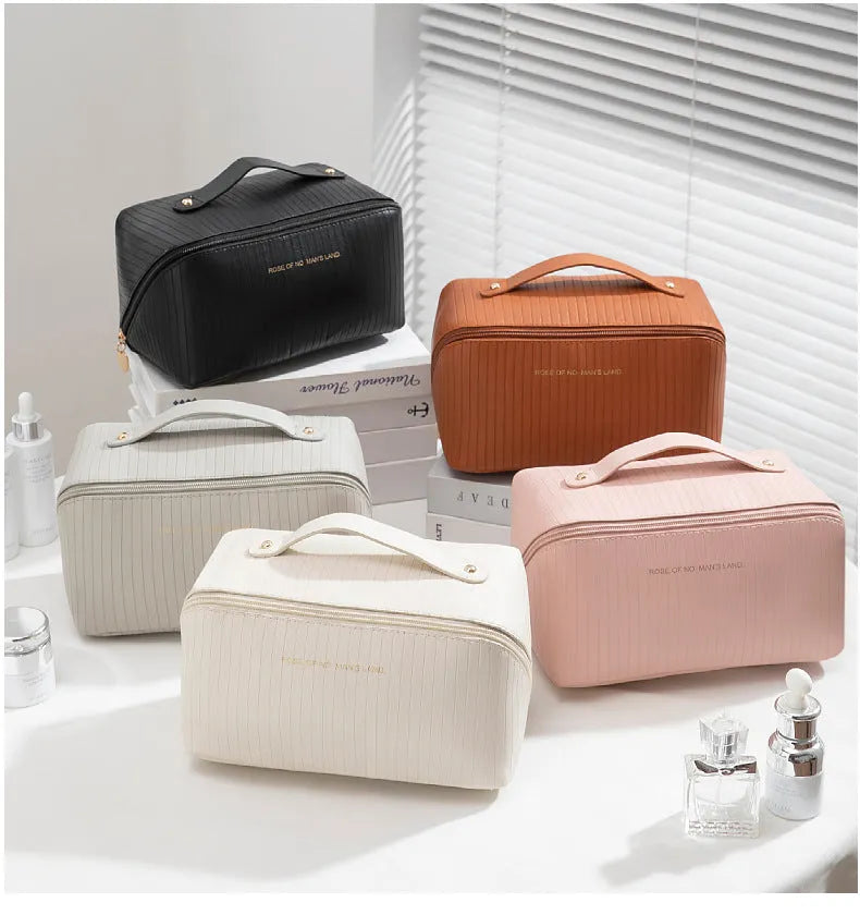 Vertical pattern pillow makeup bag cubic shape 22.5 cm PU material beige black brown grey pink options