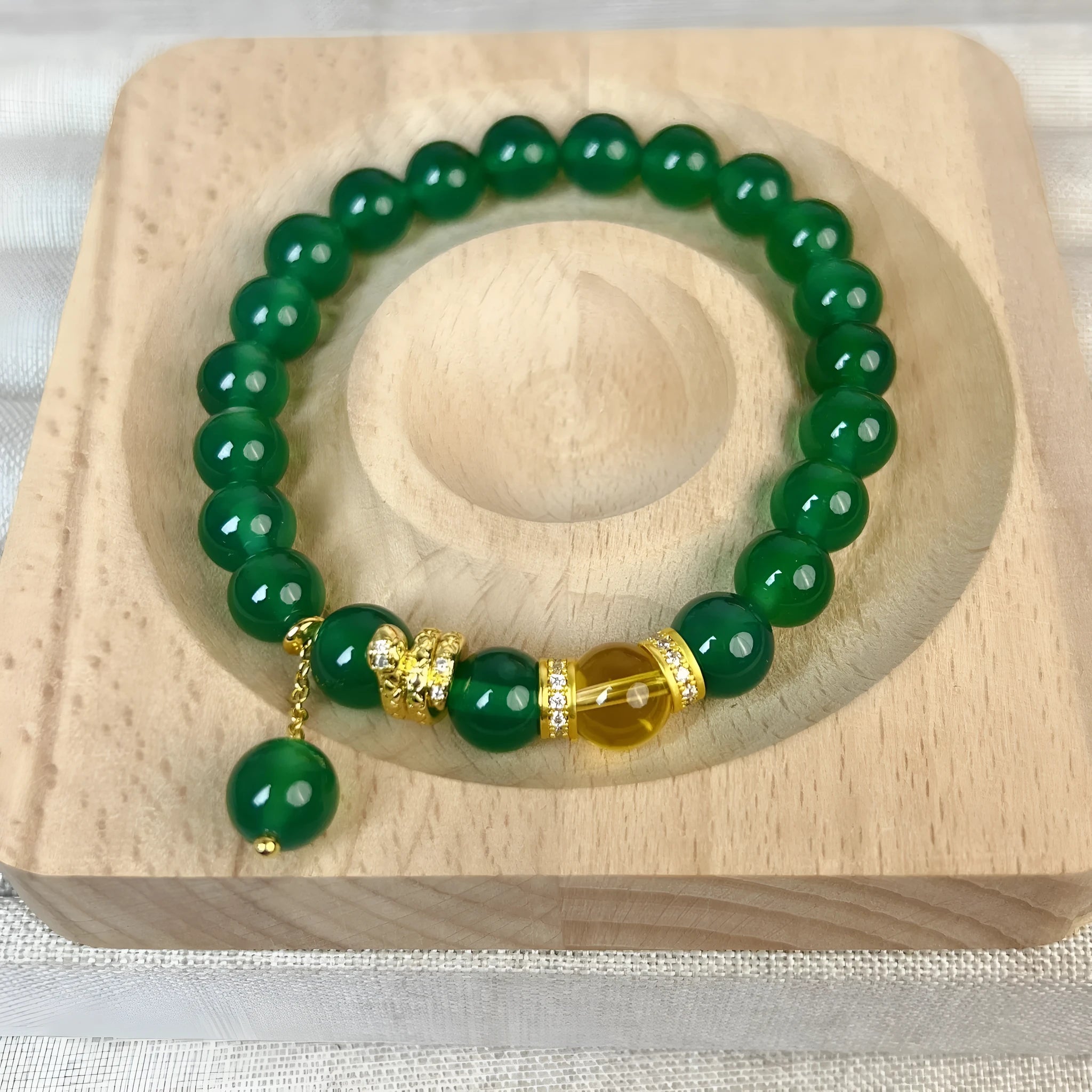 Natural green chalcedony and red agate geometric bracelet with copper components and adjustable clasp