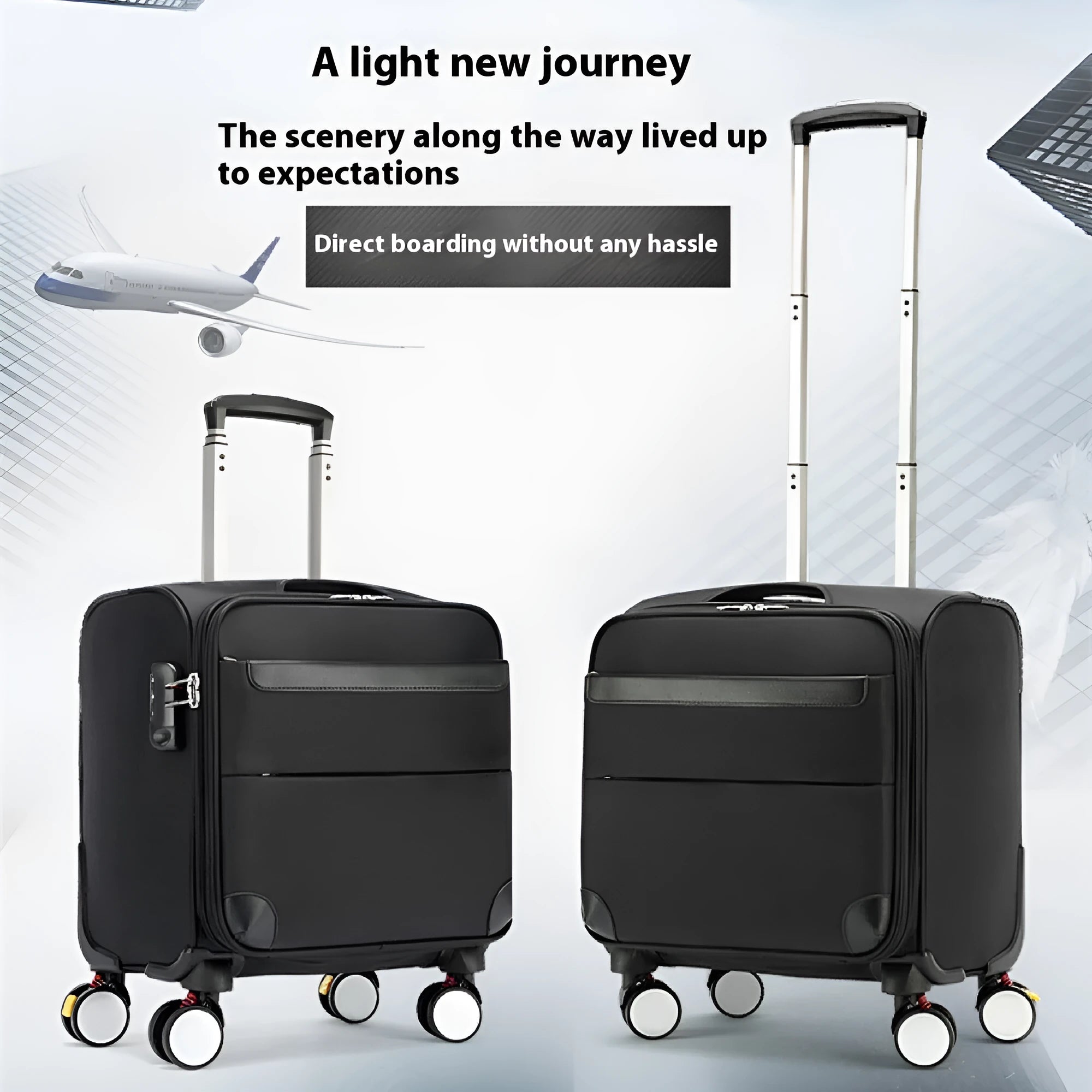 Black 18-inch Oxford cloth business travel suitcase with pull handle and wheels