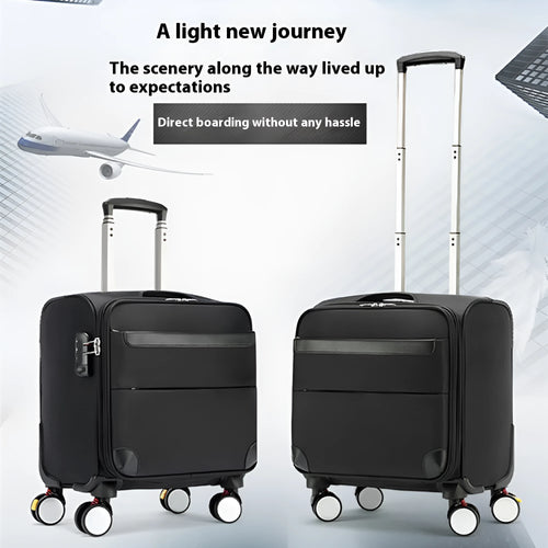 Black 18-inch Oxford cloth business travel suitcase with pull handle and wheels