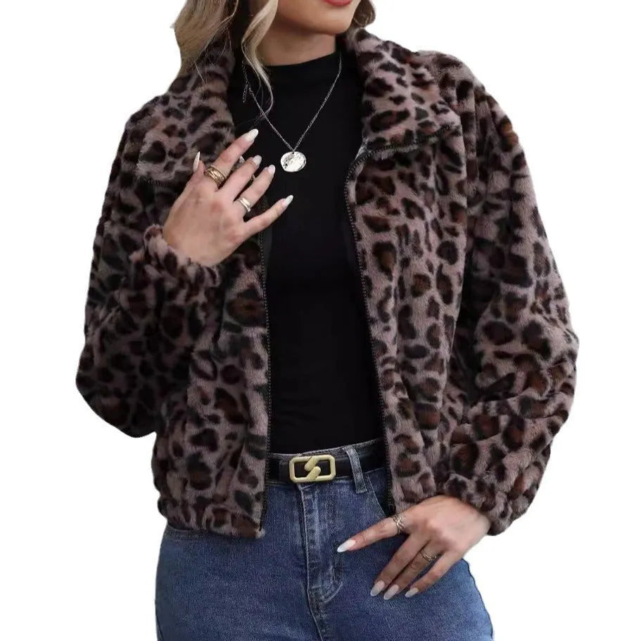 Women's loose fit leopard print plush coat with long raglan sleeves and a full zip.