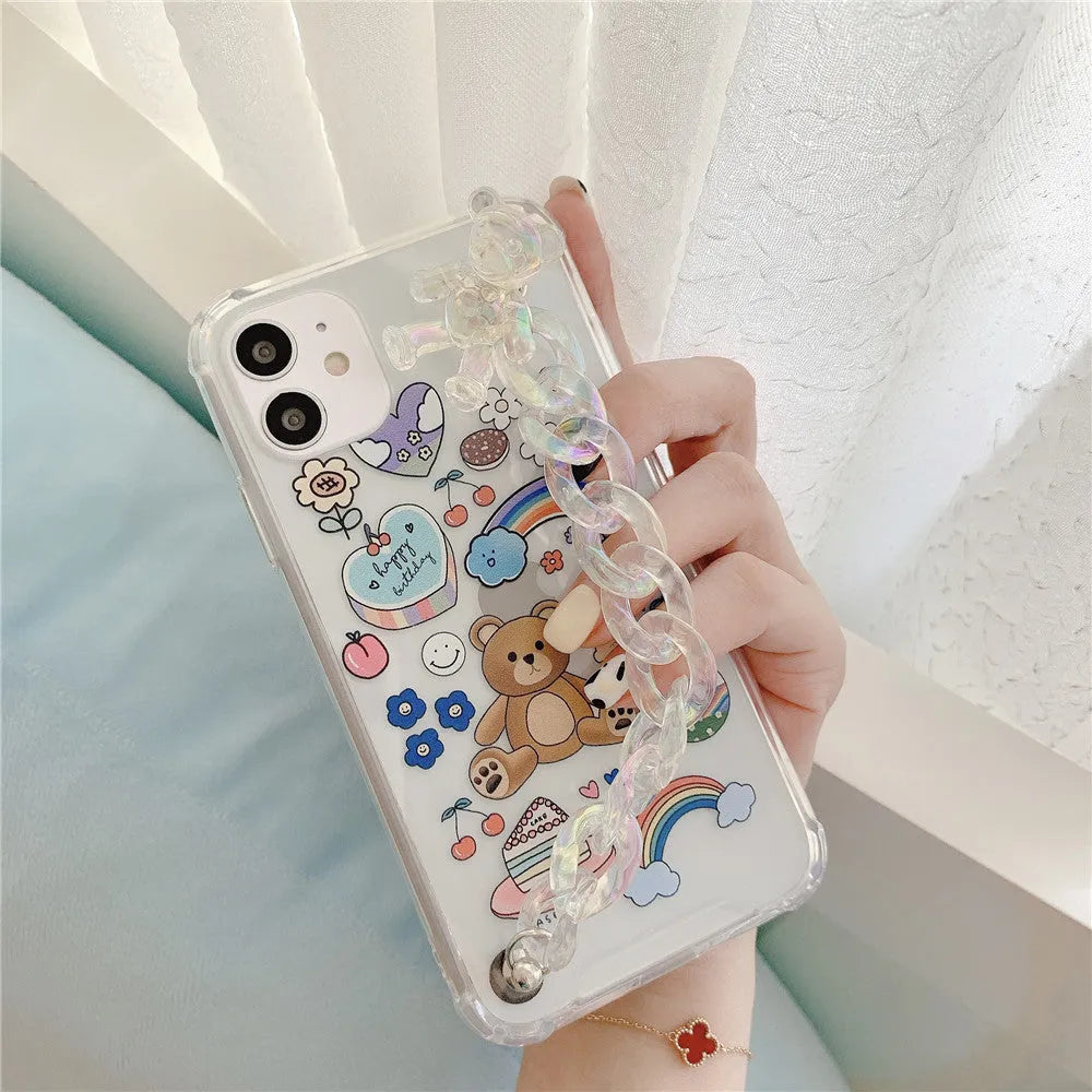 Bear chain protective iPhone case with TPU material and Japanese Korean cartoon design