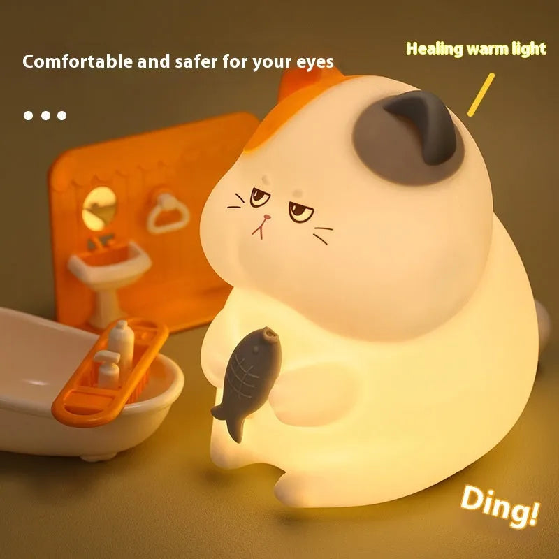 Greedy Cat cartoon desktop night light showing touch control and character design options
