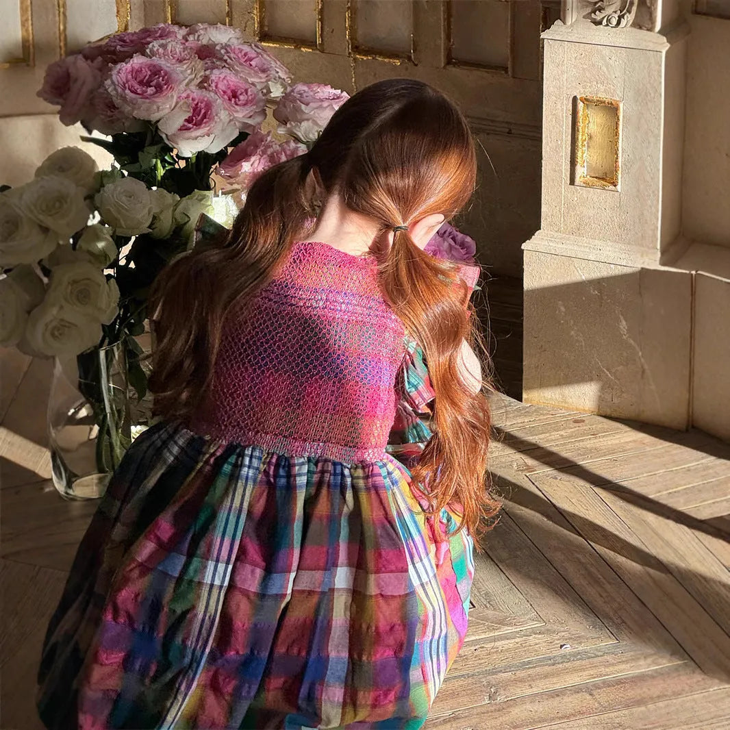 Summer girls' retro plaid sleeveless cotton dress in coffee plaid, available in sizes 90cm to 140cm