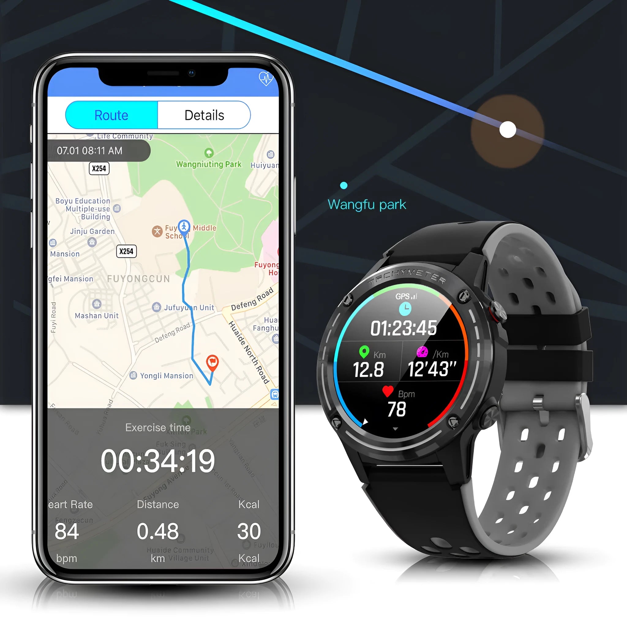 GPS smart watch sports bracelet with square glass screen and silicone strap
