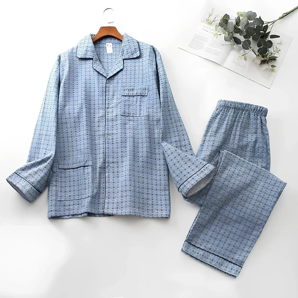 Men's brushed cotton long-sleeved lapel pajama set in blue grid pattern, size M with 72 cm top and 100 cm trousers