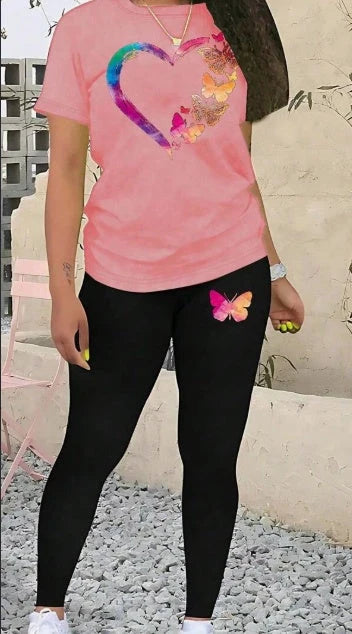 Women's heart-shaped butterfly print outfit in multicolor, black, and blue options