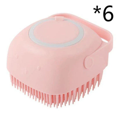 Premium silicone pet grooming brush with soft bristles, shampoo reservoir, and ergonomic handle for gentle, effective pet bathing and massage