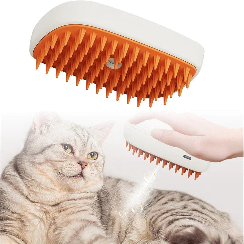 Rechargeable pet grooming brush with soothing steam massage function, designed for a comfortable and effective grooming experience for cats.