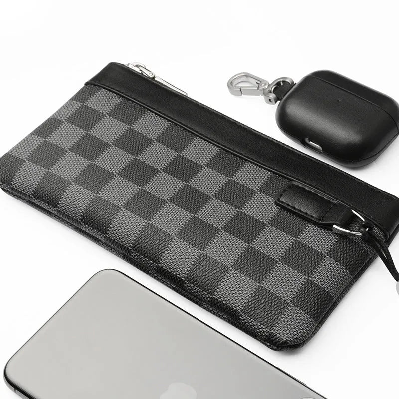 Black men's cowhide leather clutch wallet showing front view and open interior with polyester lining