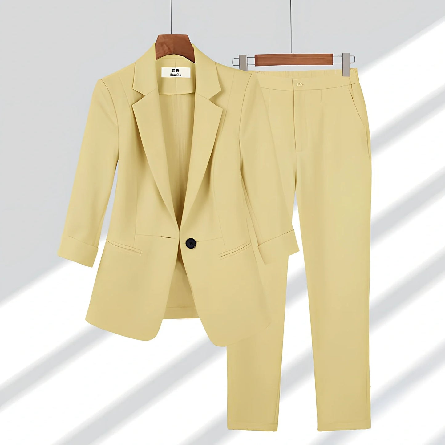 Women's beige blazer set: single-breasted lapel jacket with long sleeves and straight zipper trousers, polyester, sizes S-4XL