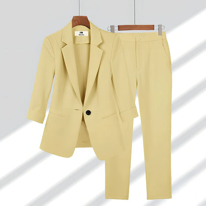 Women's beige blazer set: single-breasted lapel jacket with long sleeves and straight zipper trousers, polyester, sizes S-4XL