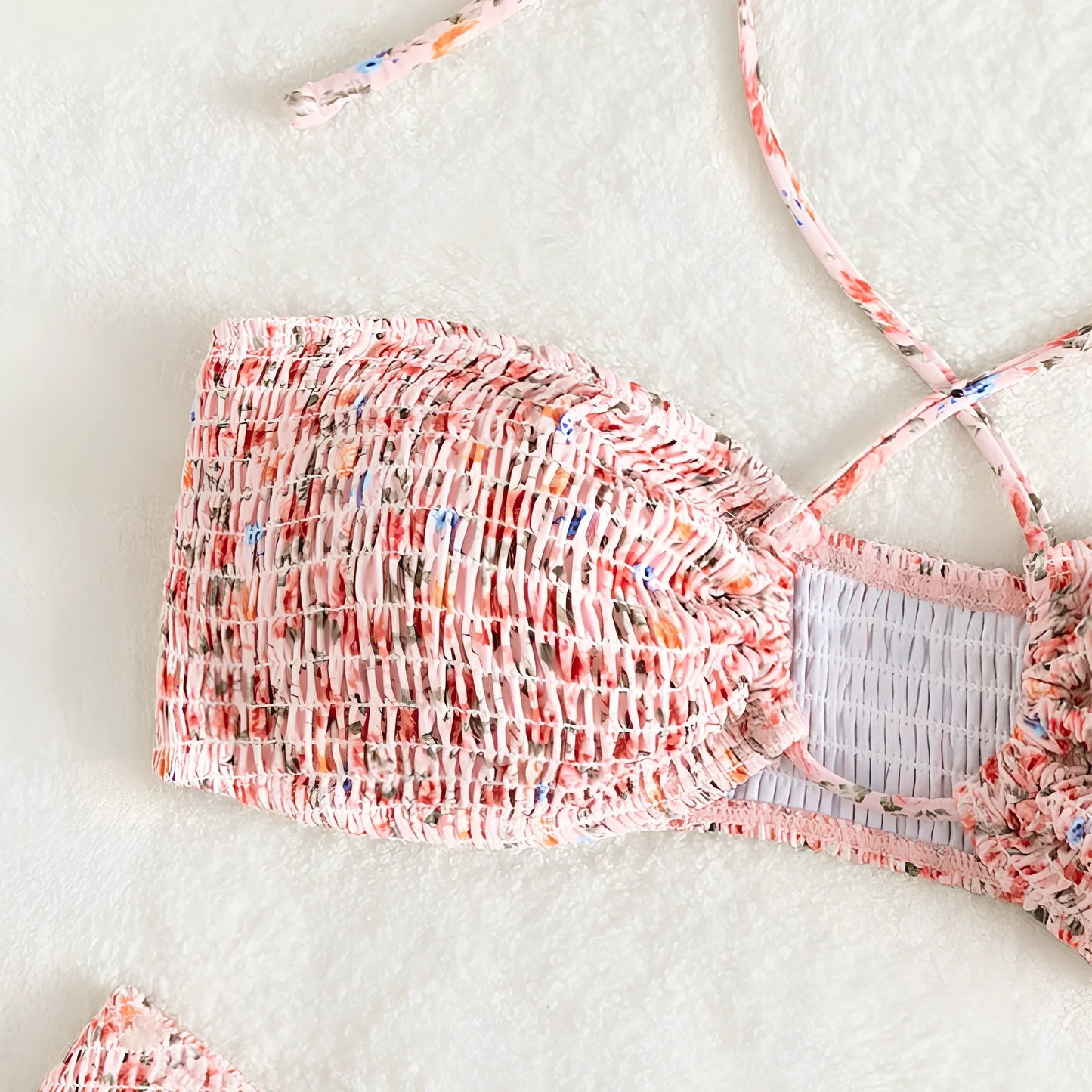 Women's summer flowers print pleated halter neck bikini set in blue or pink with Asian sizing