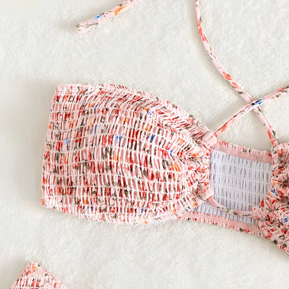 Women's summer flowers print pleated halter neck bikini set in blue or pink with Asian sizing