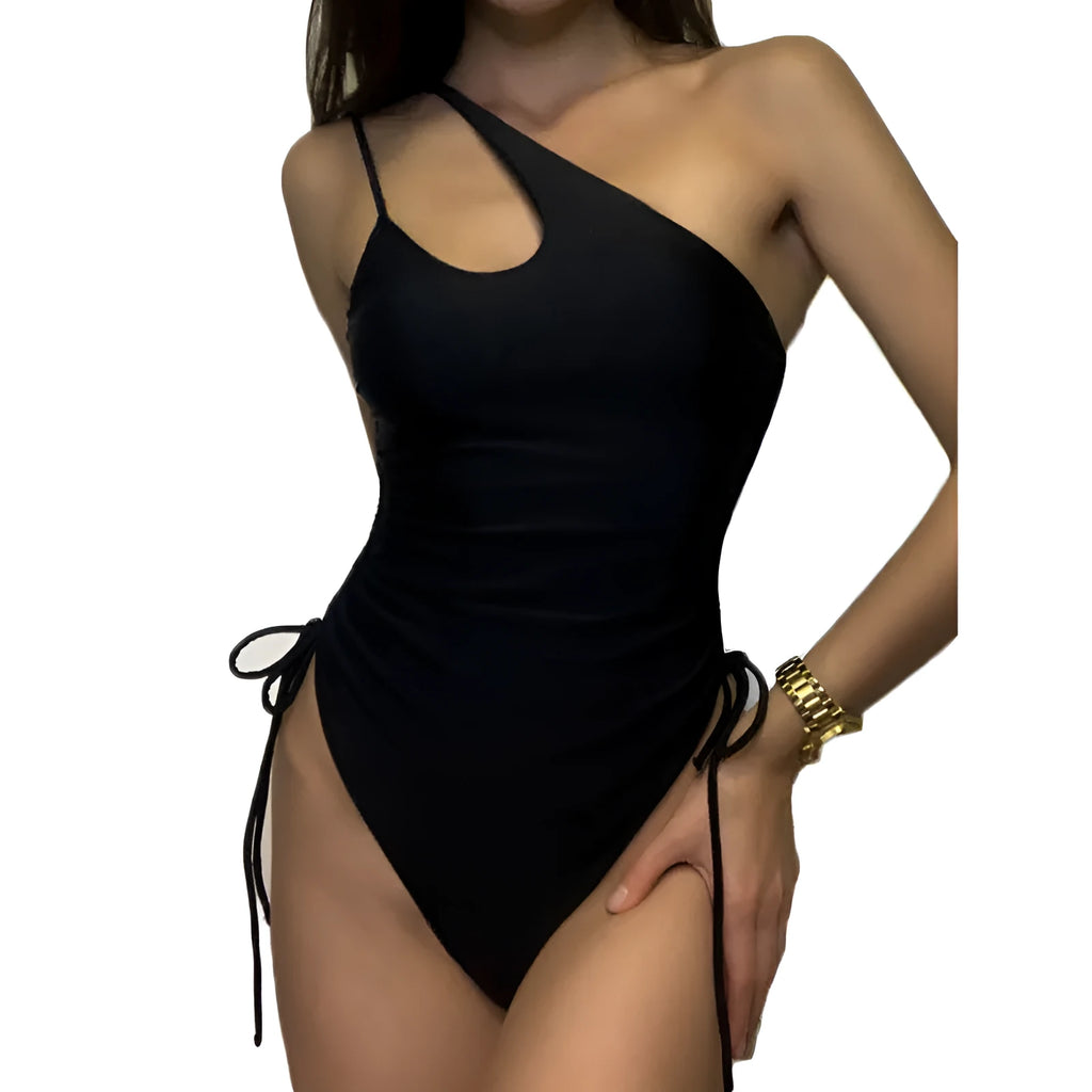 Black tight-fitting women's dress with sloping shoulder design and lacing detail