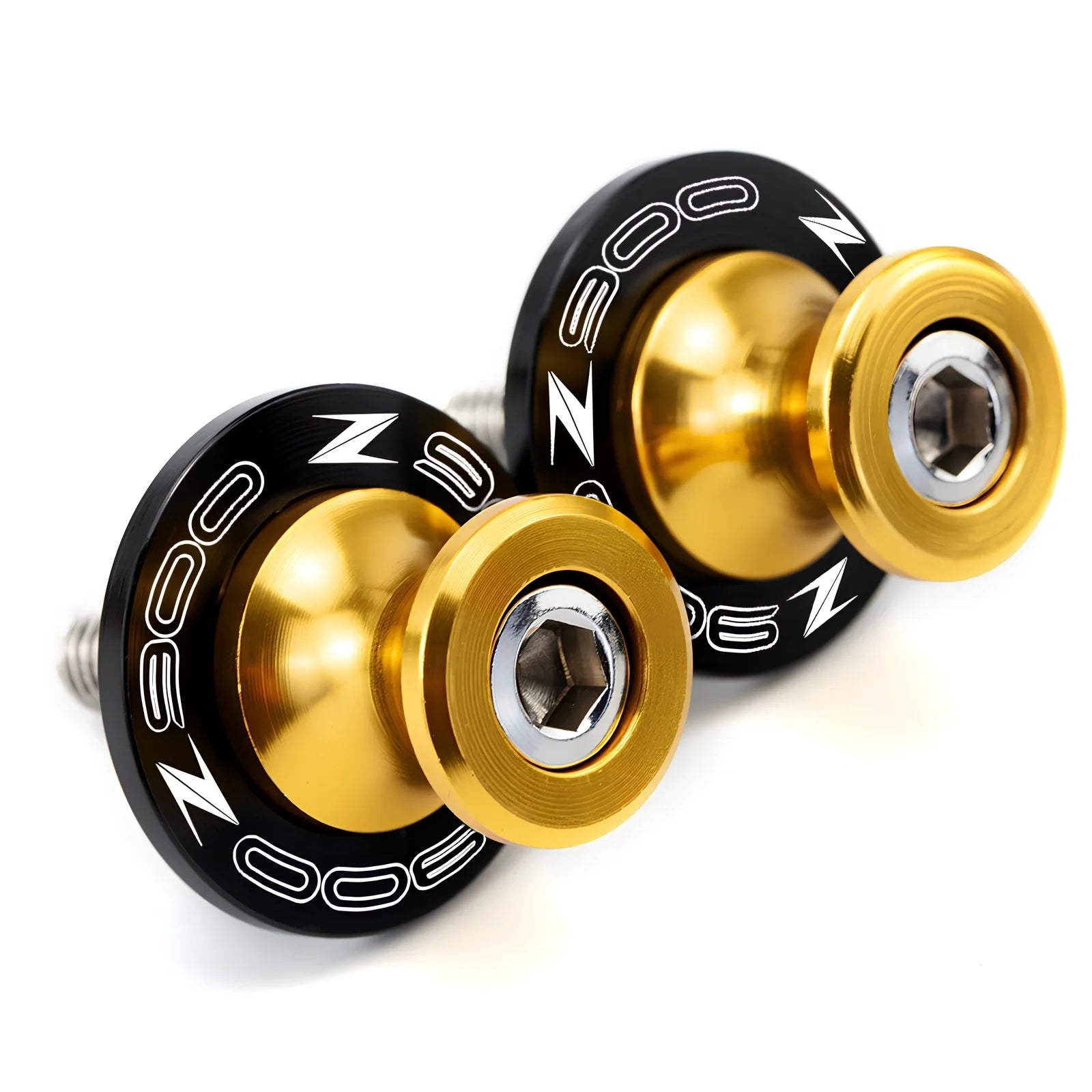 Pair of 8mm CNC aluminium swingarm spools sliders in titanium for Kawasaki Z650 Z900, with Delrin contact and stainless bolts