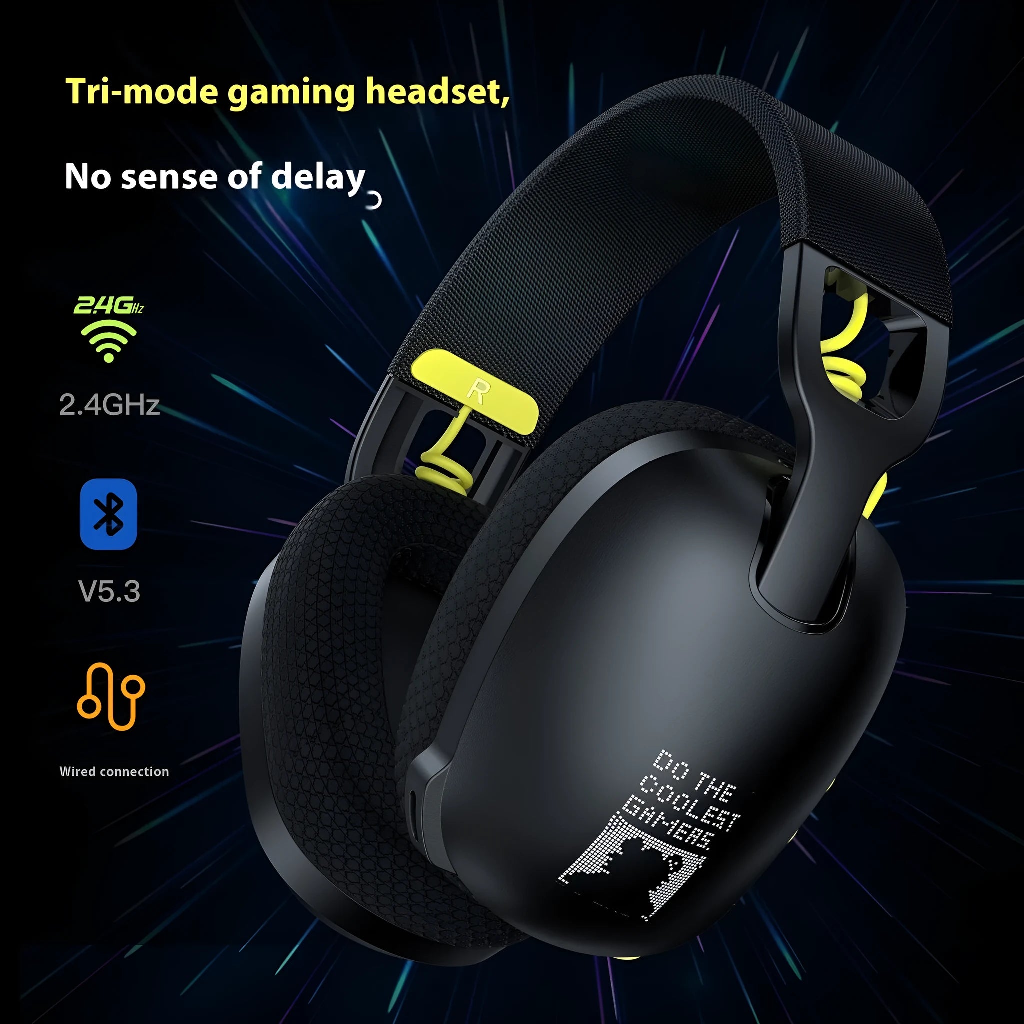 Wireless gaming headset in black colour with head-mounted design and ear cushions