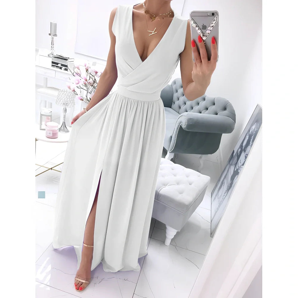 Women's apricot sleeveless V-neck maxi dress with high waist and 15-20 cm front split, polyester fabric, size M shown