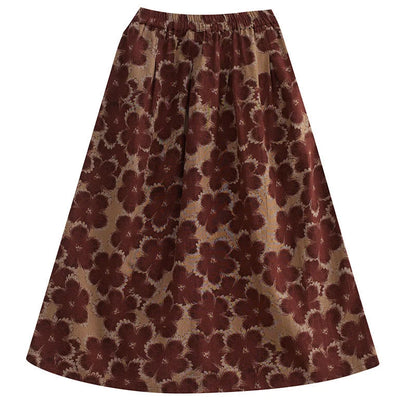 Cotton and linen loose skirt in wine red and dark green, literary and retro style