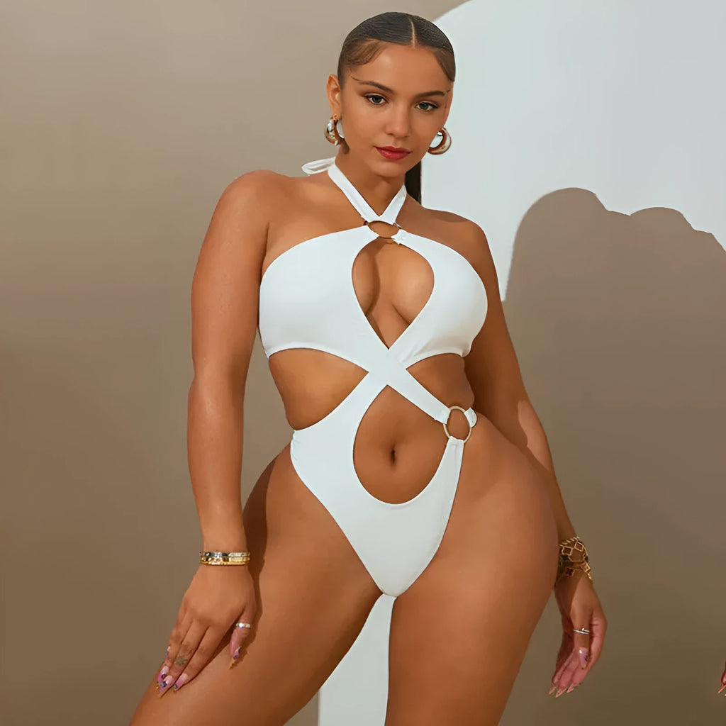 Women's sleeveless jumpsuit with lace-up backless design in tapered shorts style