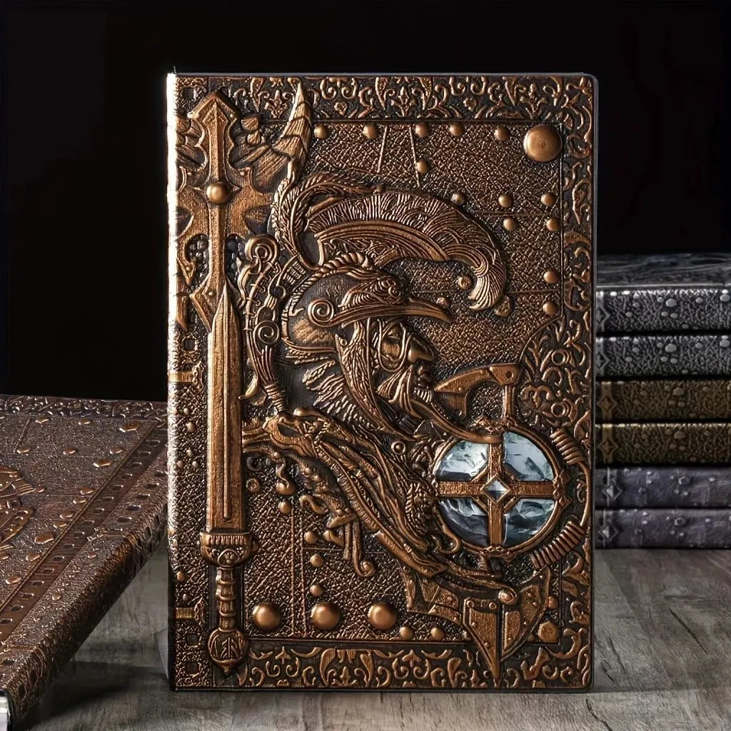 Handmade leather A5 notebook with embossed 3D Warriors relief design, shown open.