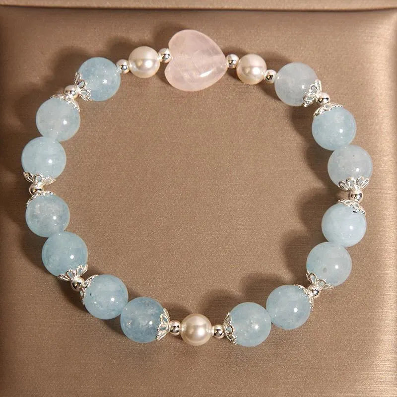 Natural aquamarine crystal bracelet for women with pink crystal and shell pearls, light luxury Japanese Korean style