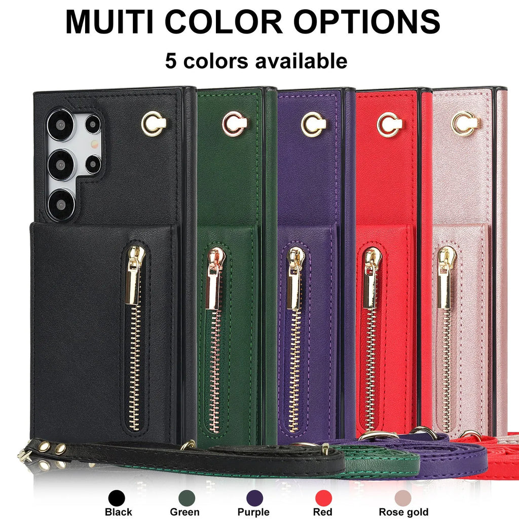 Samsung leather card holder crossbody phone case with zipper bracket in multiple colour options