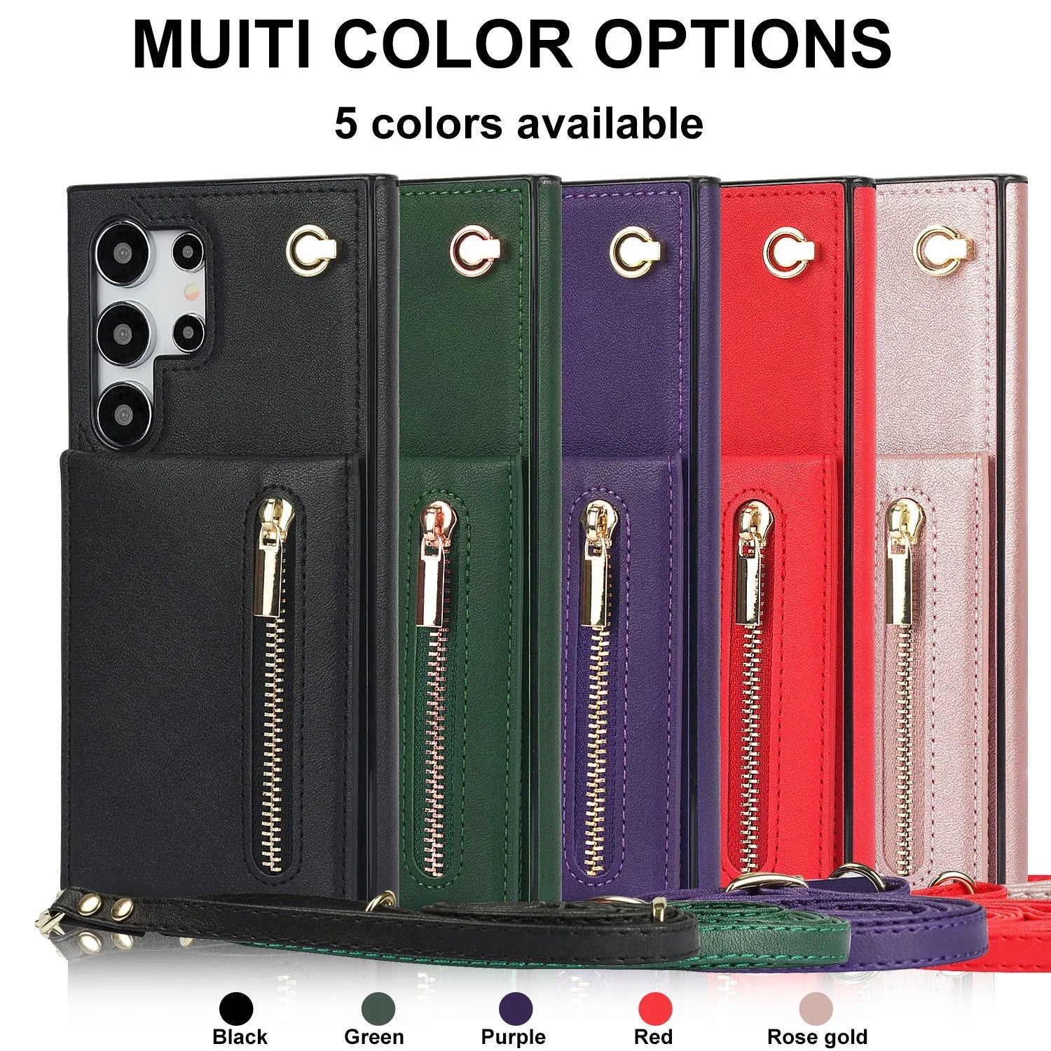 Samsung leather card holder crossbody phone case with zipper bracket in multiple colour options