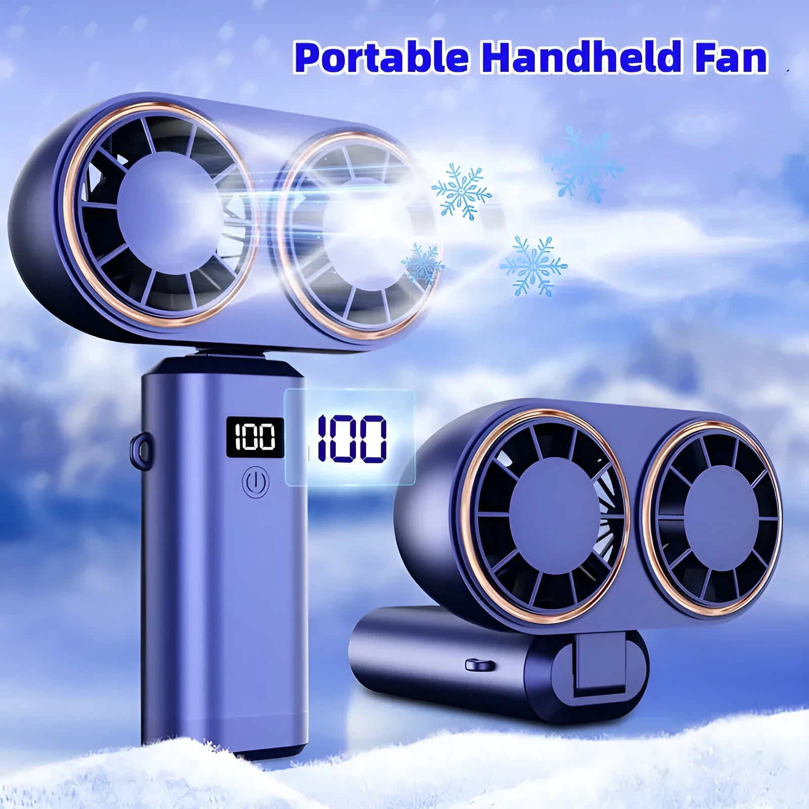 Foldable USB handheld fan with digital display in milky white colour showing battery indicator