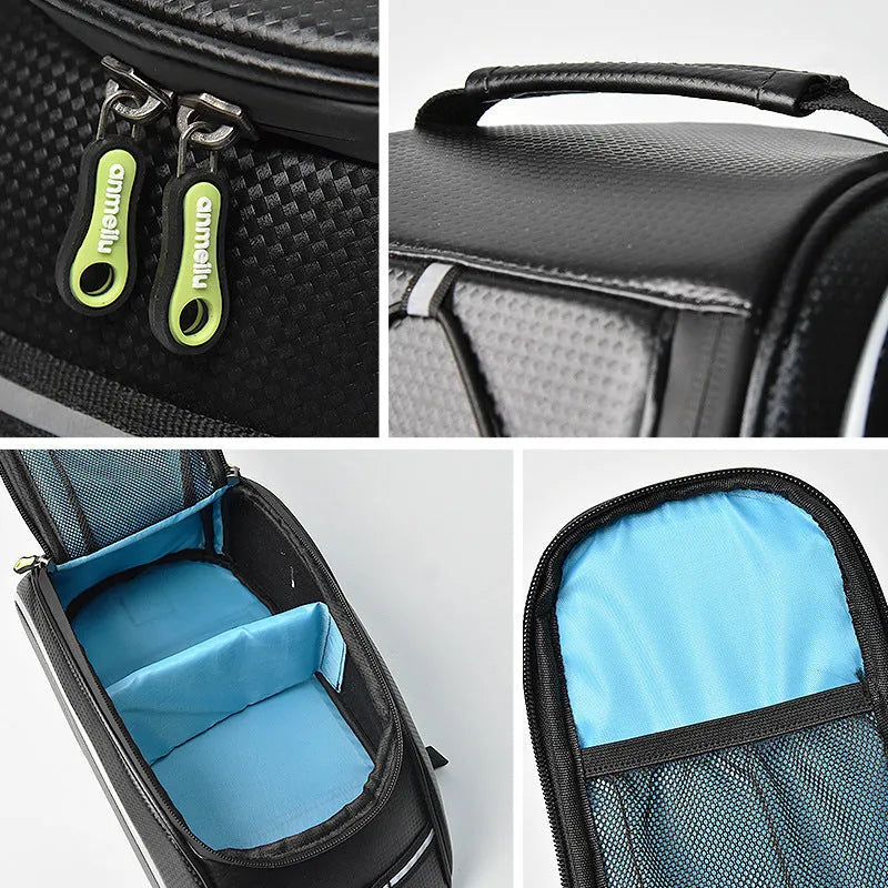 Waterproof black bicycle pannier bag mounted on bike rack with 8 litre capacity
