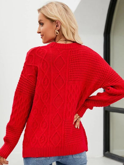 Women's casual round-neck pullover sweater with cable-knot pattern in red, white, yellow, and black