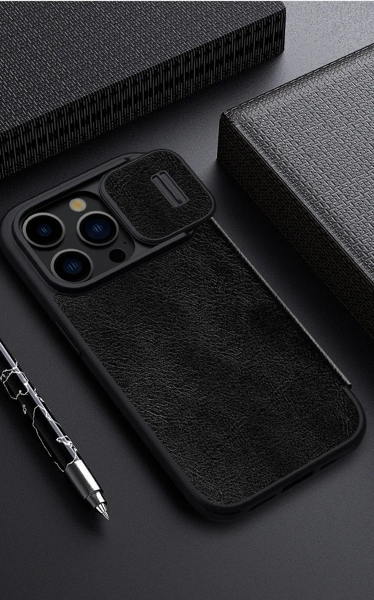 Black imitation leather flip phone case for iPhone Pro models shown open.