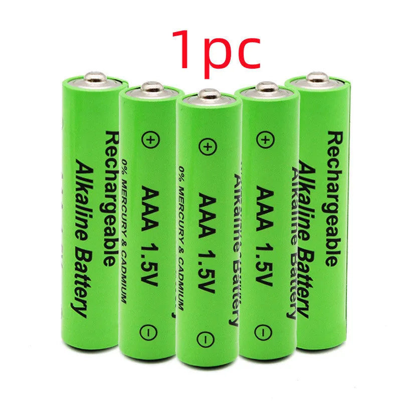Green alkaline AA rechargeable battery with 3000mAh capacity and 1.5V rating on label.