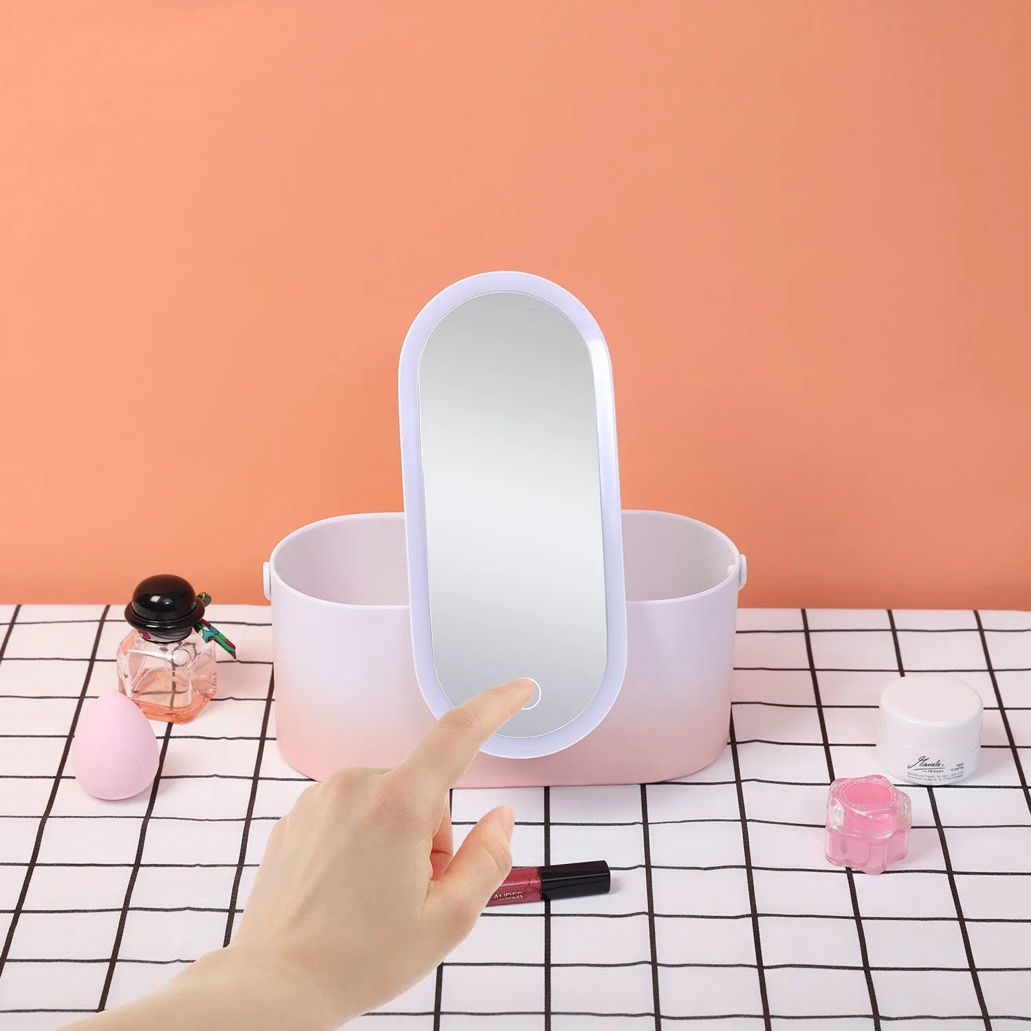 Pink gradient LED makeup mirror open showing storage compartment and USB charging port