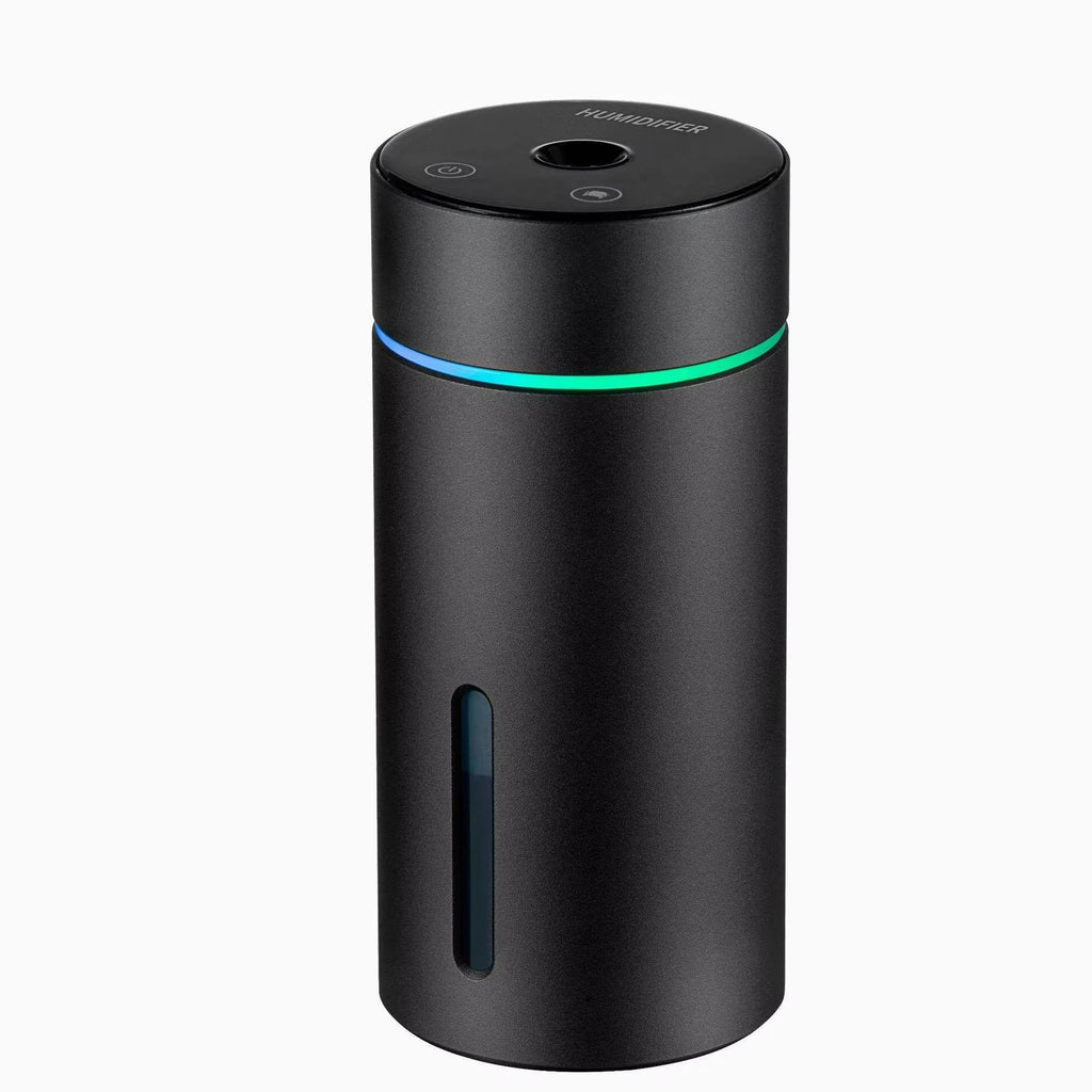 Aluminium portable car air humidifier and essential oil diffuser with coloured night light on.