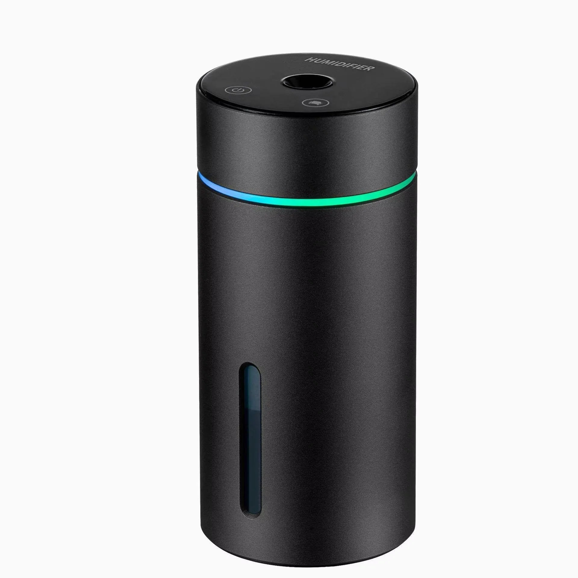 Aluminium portable car air humidifier and essential oil diffuser with coloured night light on.
