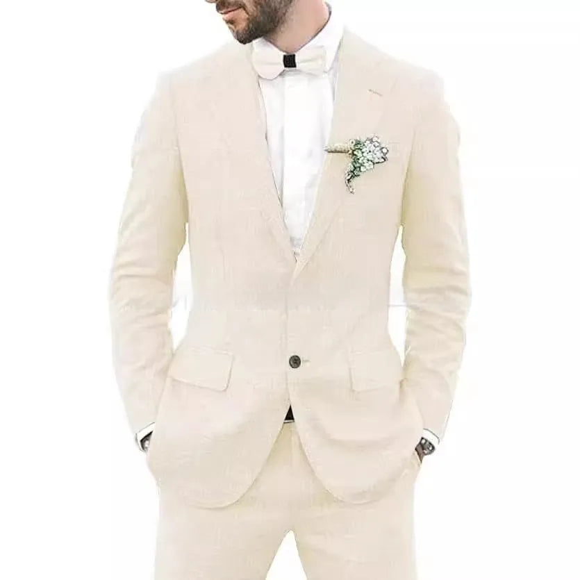 Men's slim fit two-piece suit in hemp blend fabric for weddings and parties in multiple colour options