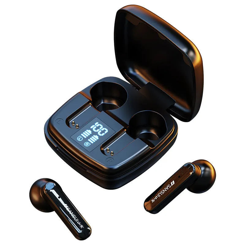 Dark night black and ivory white wireless Bluetooth earbuds with semi-in-ear design and digital battery display.