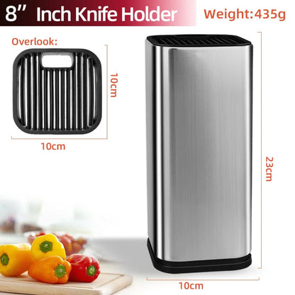 Stainless steel drainable knife and chopping board holder for kitchen organisation