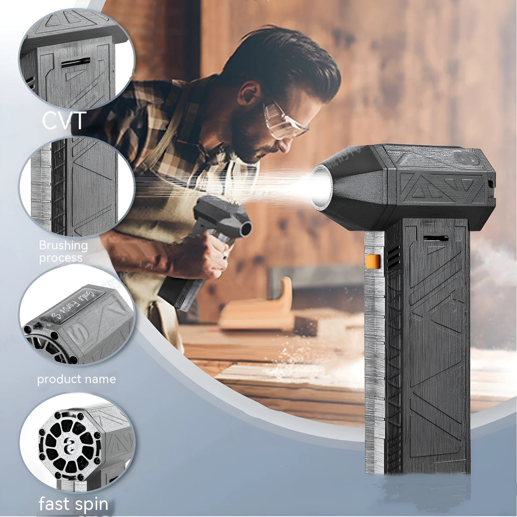 Iron grey cordless handheld turbo fan air duster with brushless motor on a grey background.