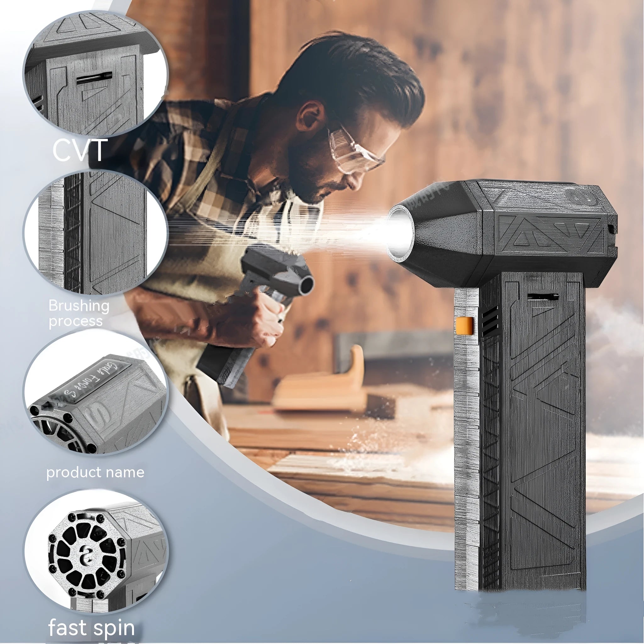 Iron grey cordless handheld turbo fan air duster with brushless motor on a grey background.
