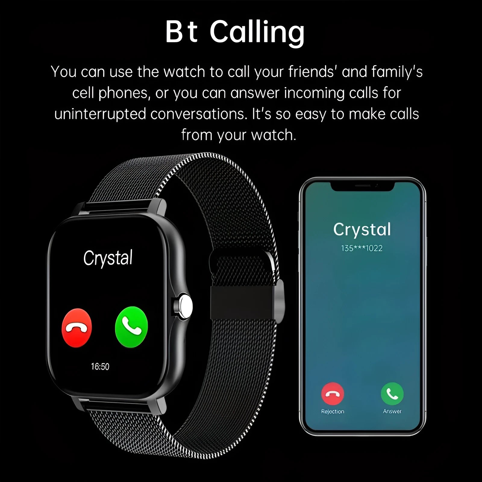Smart watch with 1.44-inch colour touch screen and black silicone strap on a wrist