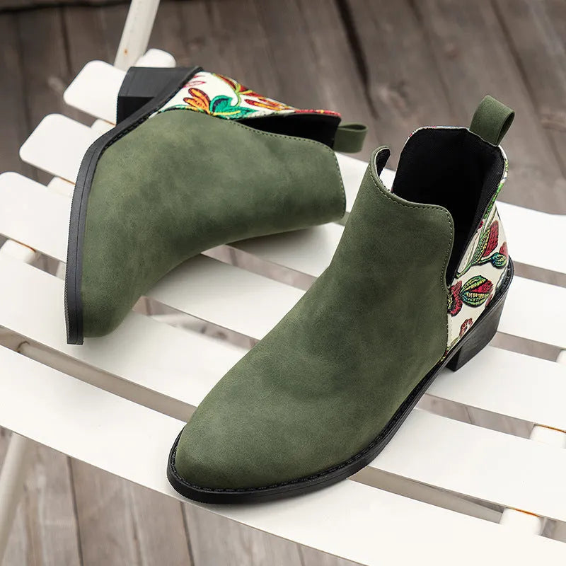 Flower printed ankle boots for women with chunky heel and side zipper, beige colour option