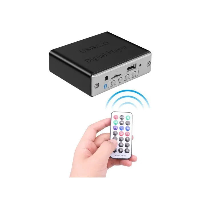White 12V car Bluetooth MP3 decoder with USB and TF card slots, FM radio, and infrared remote control